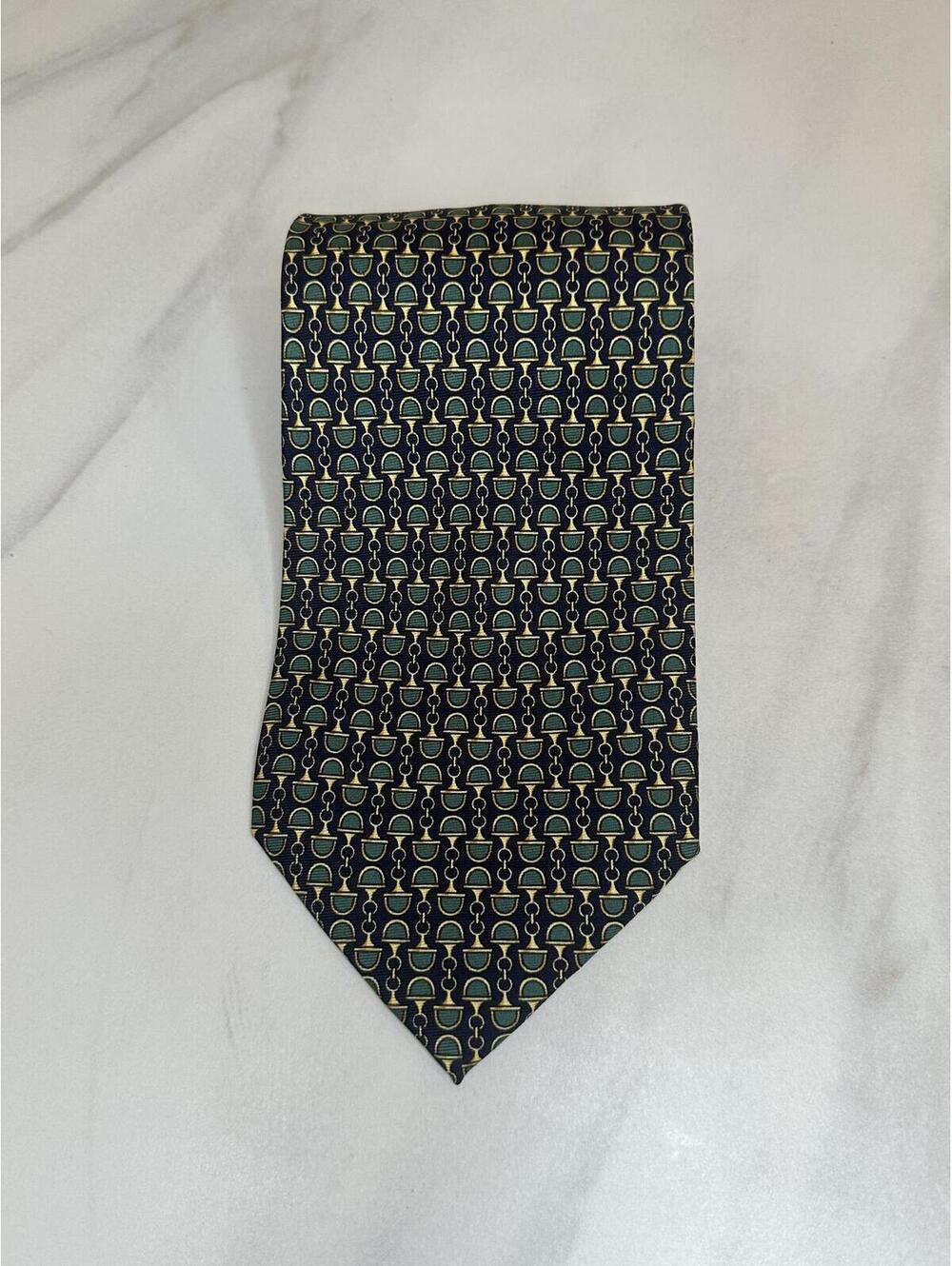 Vintage Gucci Paolo 100% Italian silk tie navy green gold horsebit equestrian